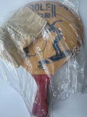 Vintage Howsco Wooden Paddle Ball Racket Set with Surfer Girl Graphic